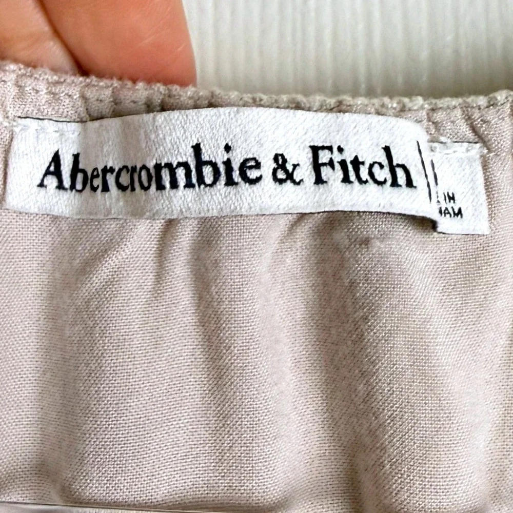 Abercrombie & Fitch Crop Top Womens M Beige Linen Blend Front Tie Puff Sleeve